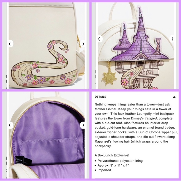 LOUNGEFLY DISNEY PRINCESS TANGLED Tower Rapunzel & Pascal MINI BACKPACK 6 PC SET - Picture 3 of 8